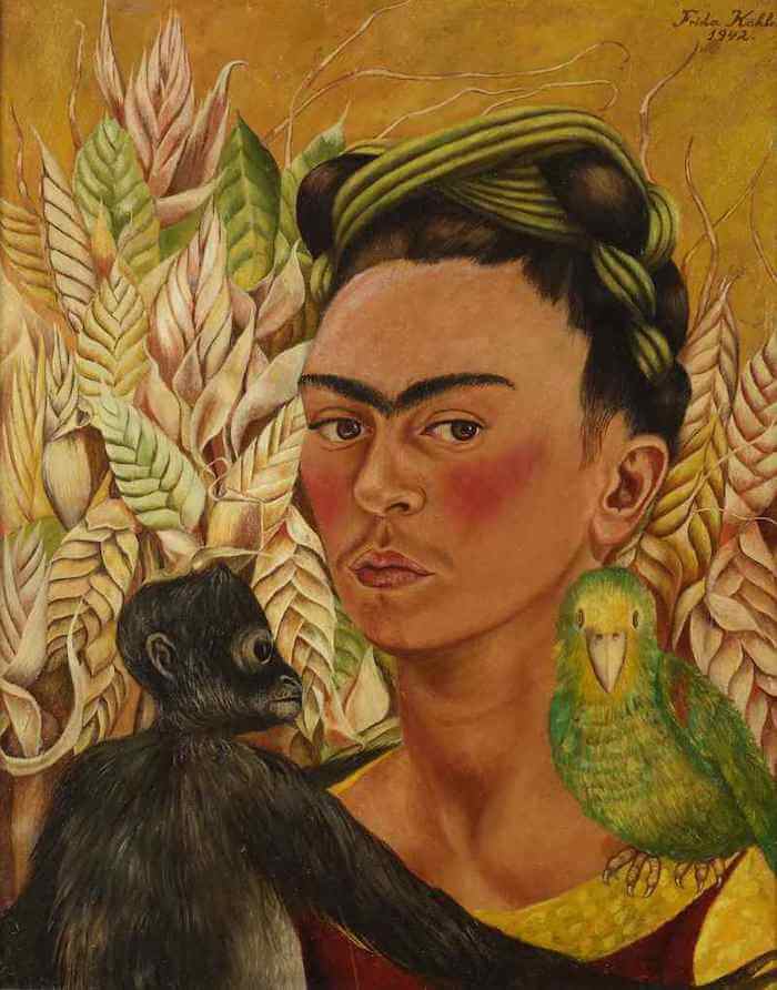 Self Portrait with Monkey and Parrot - by Frida Kahlo